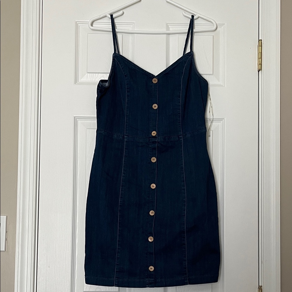Dark Blue Denim Button-Front Spaghetti Strap Dress